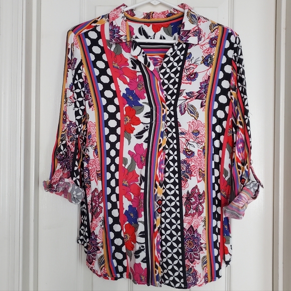 Ruby Rd. Multicolor Top Floral Stripes Polka Dots Bright Funky Blouse Sz:MP - Picture 2 of 8